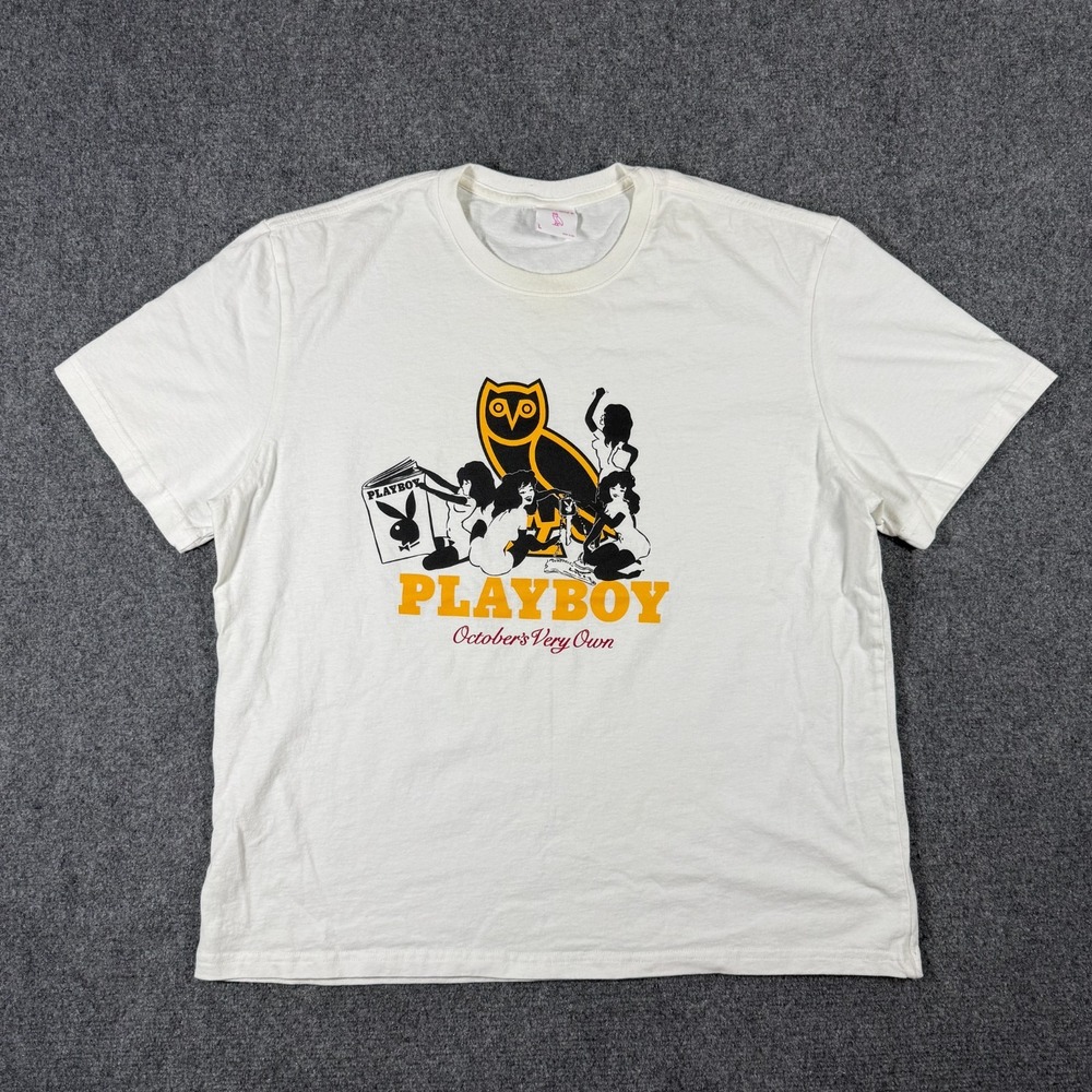 OVO Playboy Pin-Up T-Shirt Owl Bunny Girls Graphic Tee Canada Party White Large